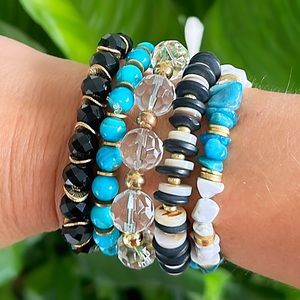 5 piece beaded bracelet set, black and teal, bracelet stacks, gold accent beads